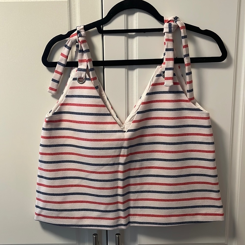 Zara red white and blue striped tie shoulder top